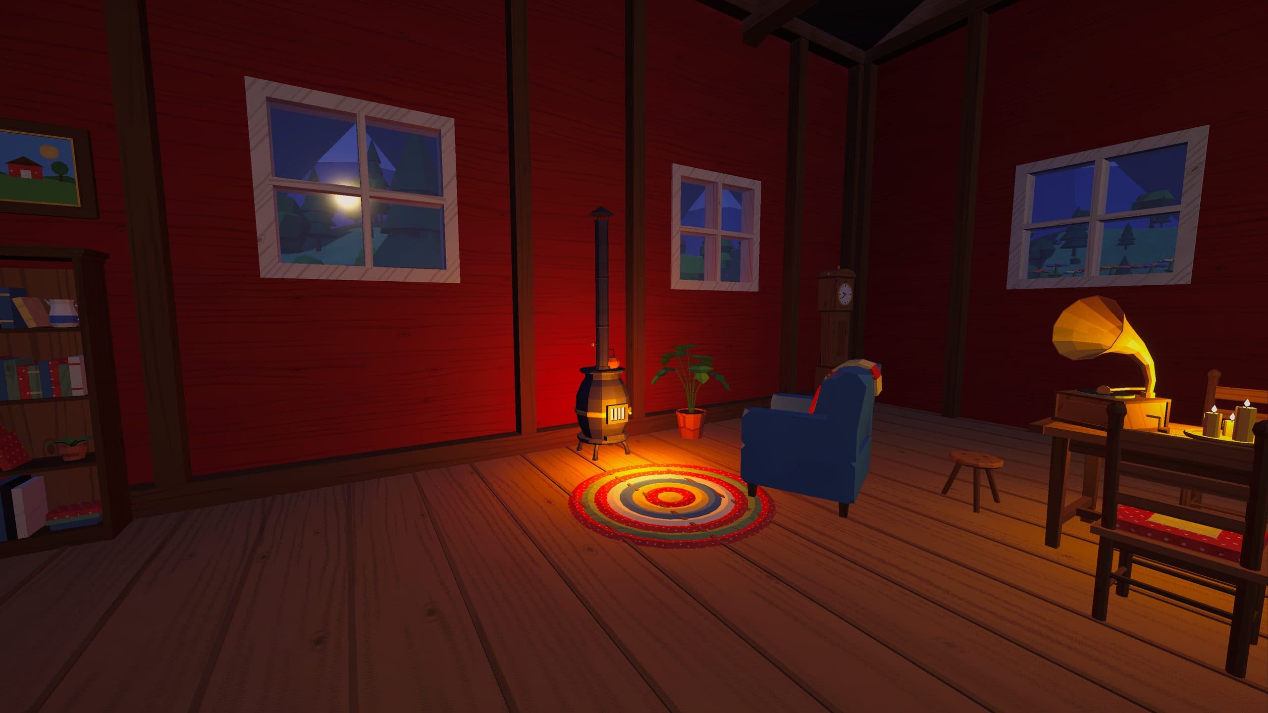 A cozy corner inside the barn at night: a lit stove, a round rug, an armchair, a bookshelf and a gramophone