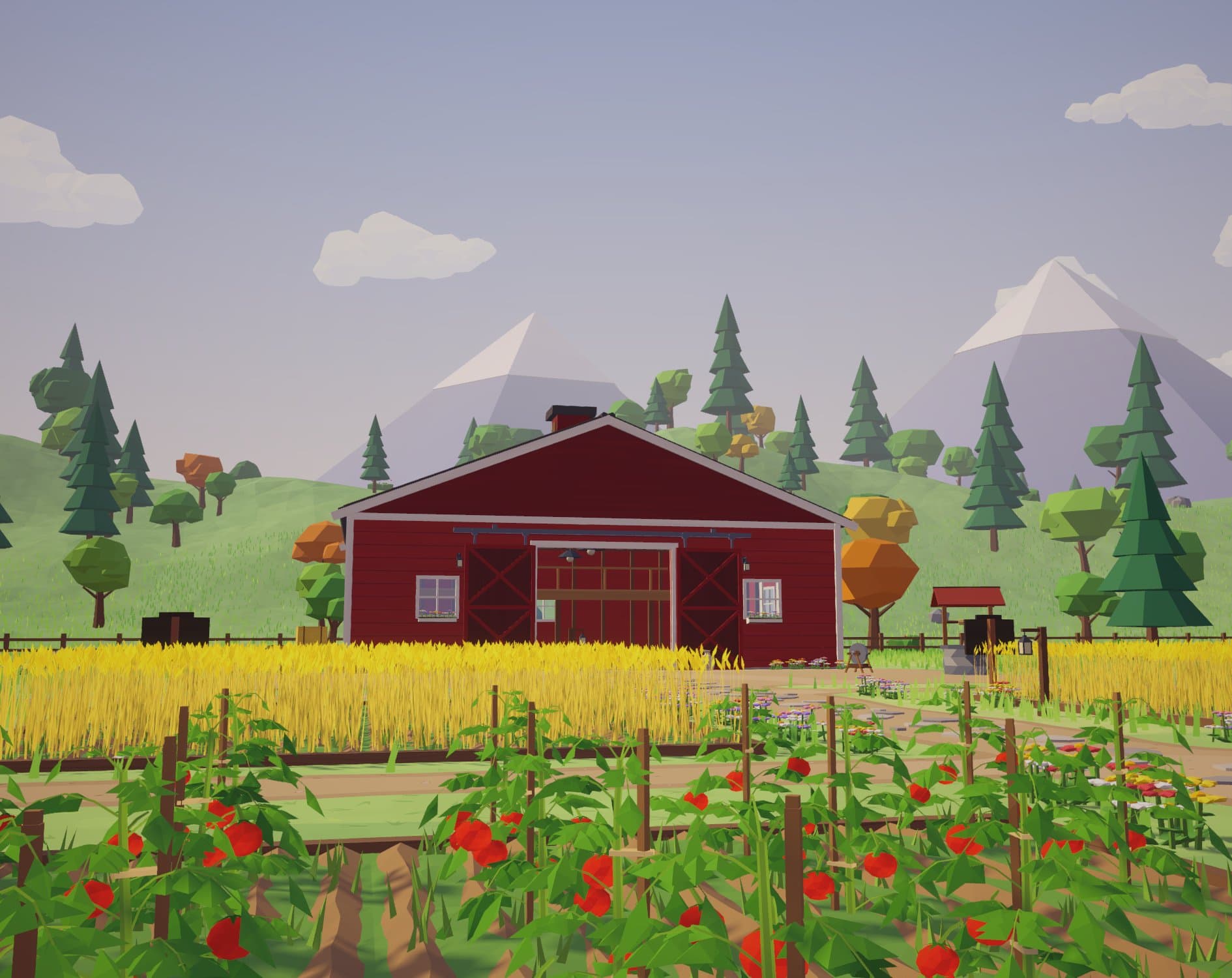 The Cropworks farm: rows of tomatoes and golden wheat in front of a red barn, with green hills and mountains behind it