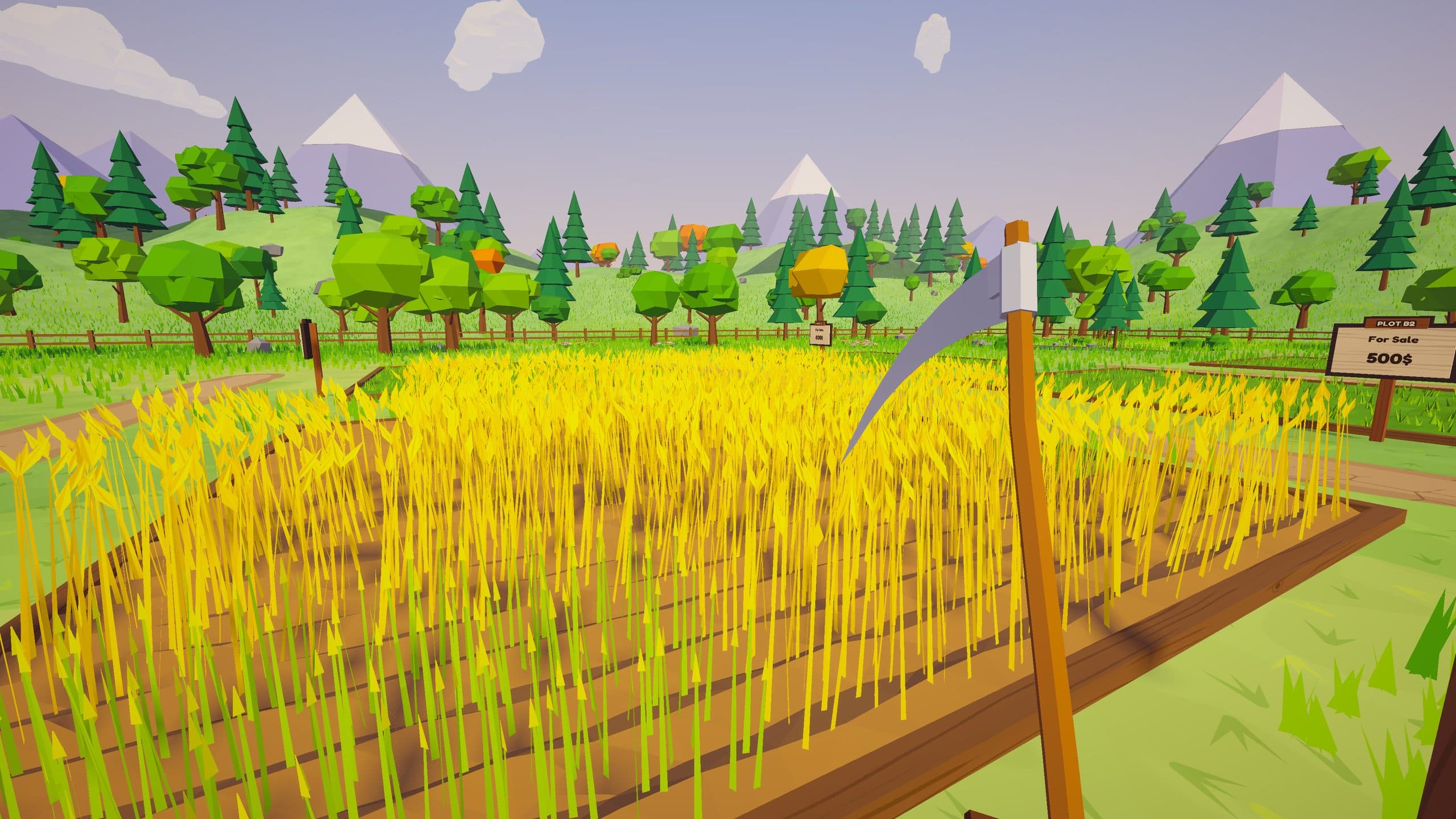 A plot of ripe golden wheat with a scythe in hand