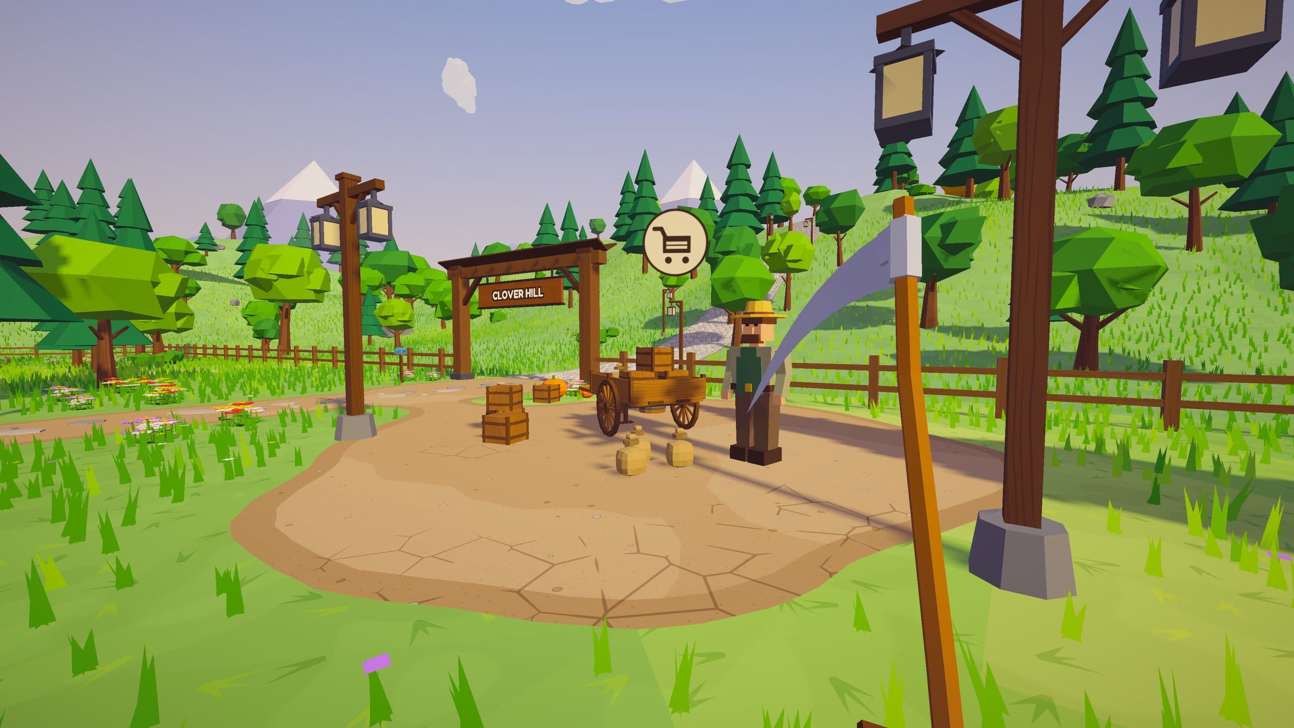 The travelling merchant with his cart in the yard by the farm gate