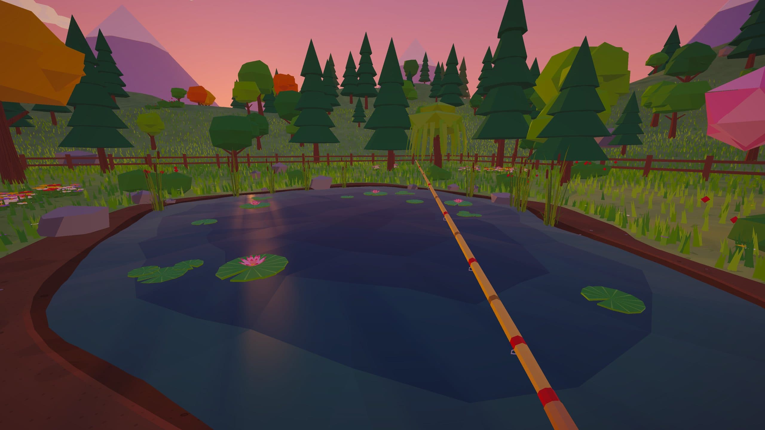 Fishing from the bank of a pond with lily pads at sunset